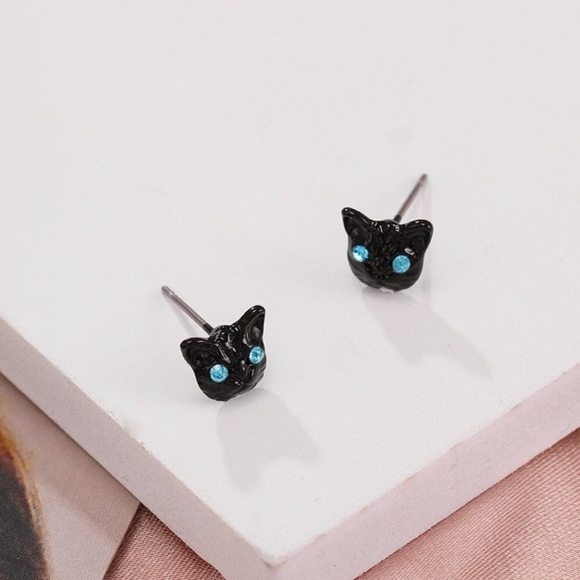 Spooky Black Cat Sparkling Blue Eyed Stud Earrings - Picture 2 of 4